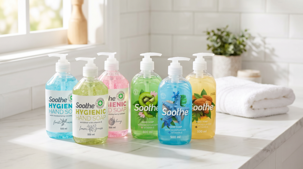 Product shot of Soothe and Soothe Hygenic Hand Soap bottles by Thoroughfair